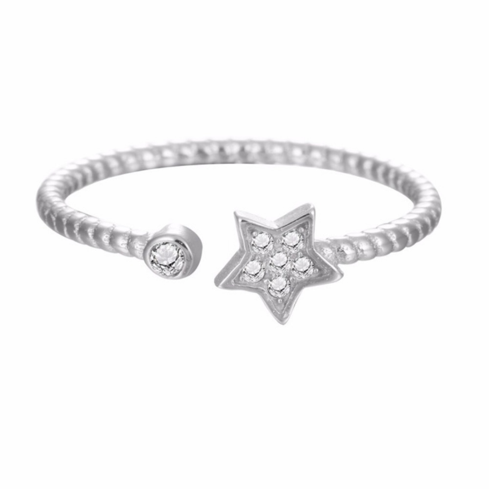 Adjustable Star and Crystal Accent Ring – Rhodium Plated – Fits Sizes 5-7